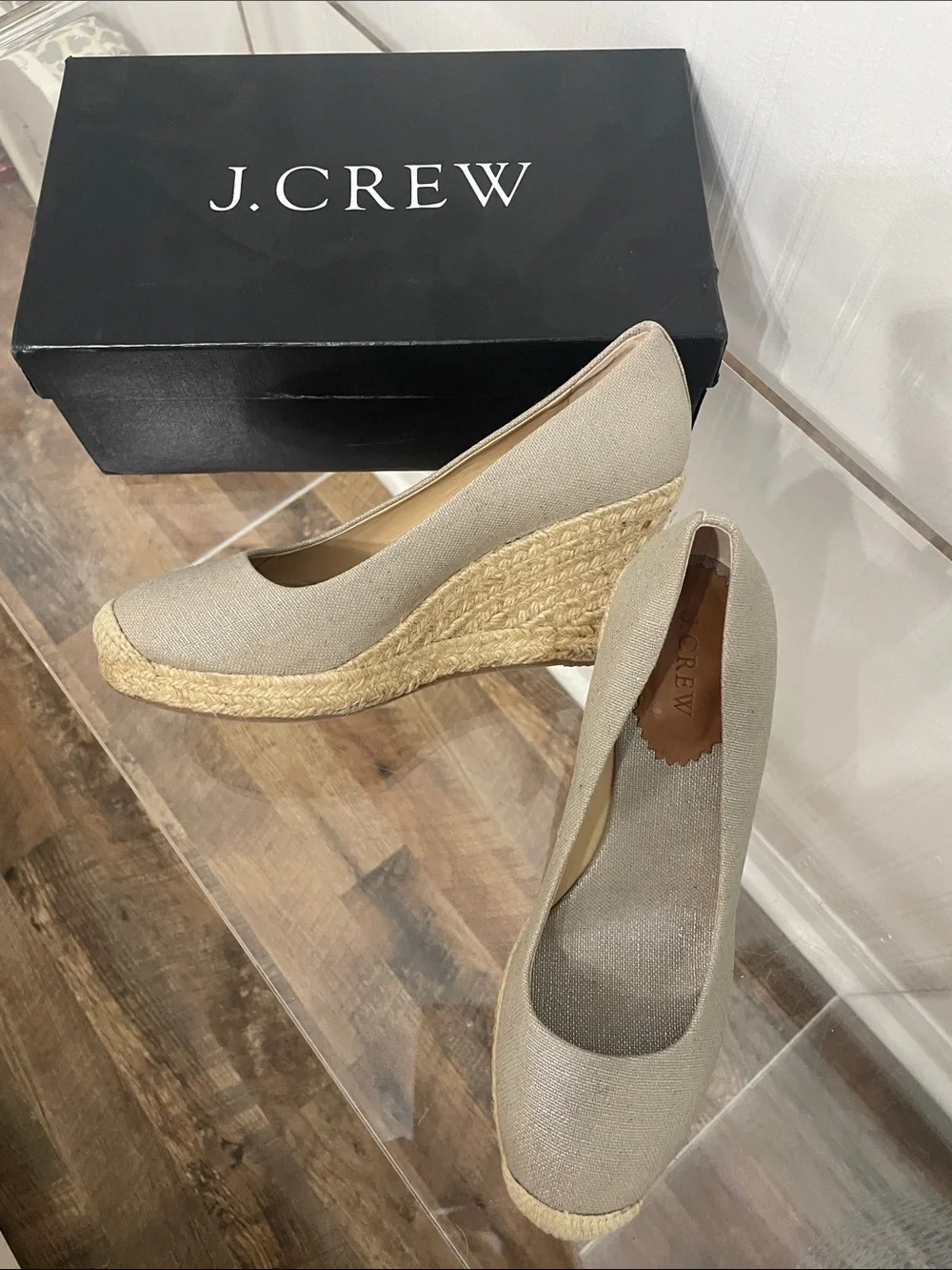 Seville metallic espadrille wedges.  Metallic silver. J Crew